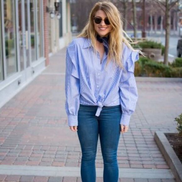 Zara Blue and White Striped Ruffle Sleeve Button-Down Shirt - Picture 10 of 11